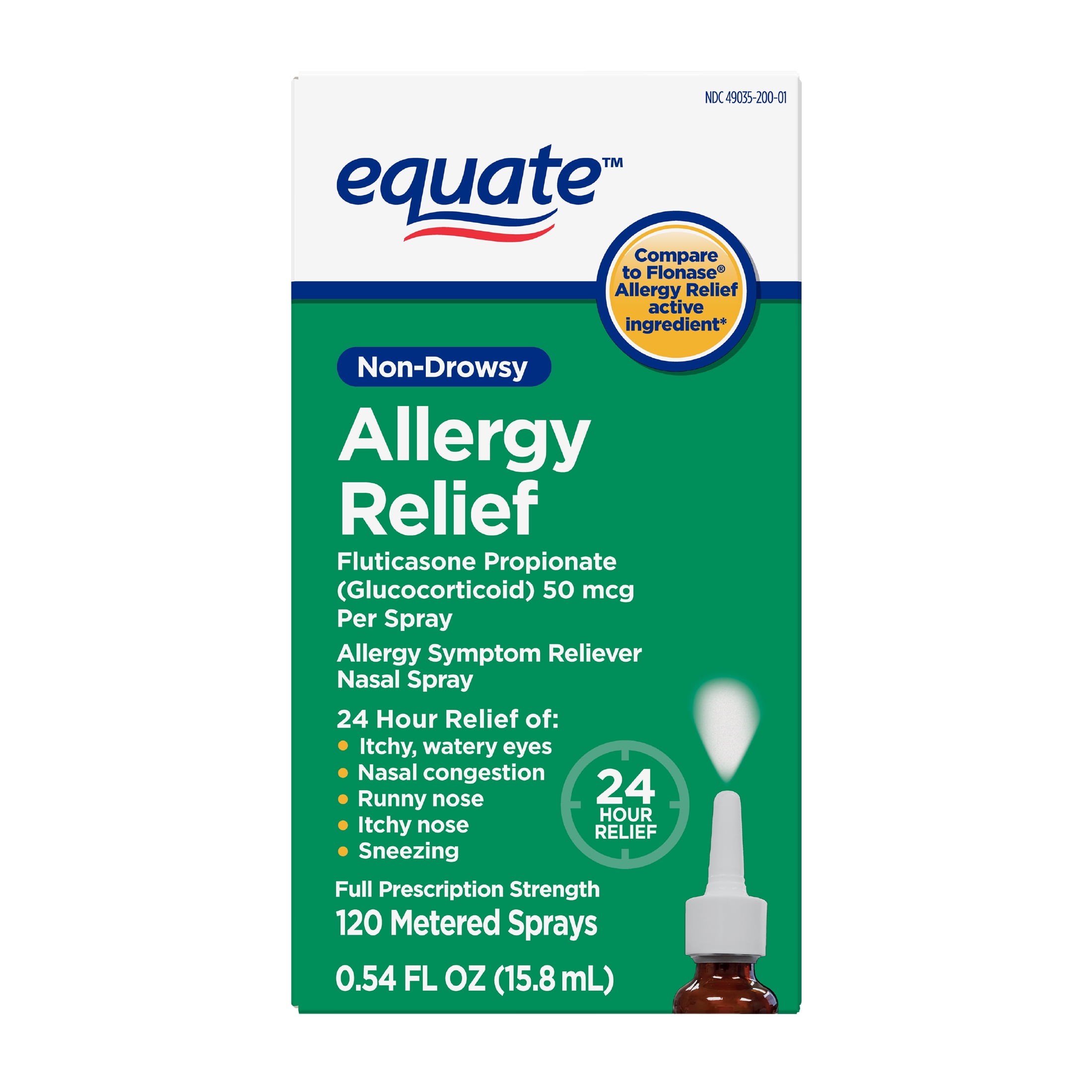 Equate 24-Hour Relief Spray, Fluticasone Propionate (Glucocorticoid), 50 mcg Per Spray, Full Non-Drowsy, 0.54 fl. Oz. - Walmart.com
