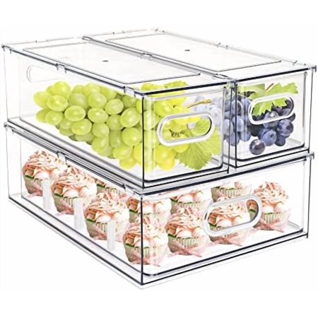 4 pack Stackable Refrigerator Organizer Bins Pull-Out Drawers for Fruit and Veggies Storage Organizer for Fridge Clear Drawer Containers with Handle Divided Organization for Produce Saver