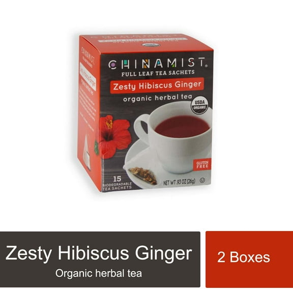 China Mist Organic Zesty Hibiscus Ginger Herbal Tea Sachets, 2 Boxes 15 Count- Biodegradable and Individually Wrapped