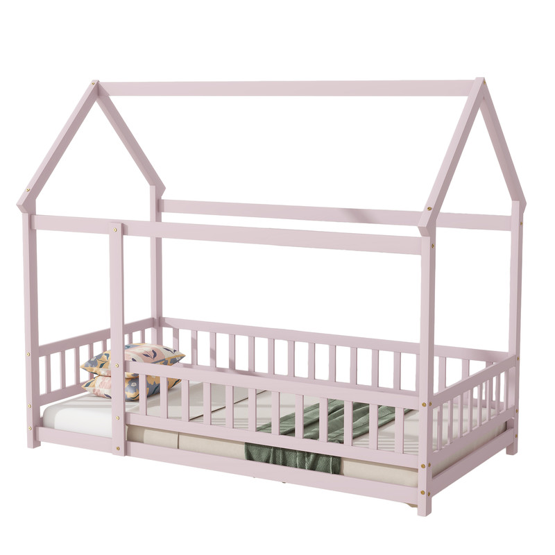 Twin Size House Floor Bed Frame,Wooden Montessori Floor Bed with Fence ,Pink