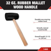 Performance Tool 1466 Durable Hard Rubber Head Mallet with Ergonomic Wood Handle for Woodworking, Construction and DIY Projects