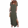 thumbnail image 1 of Robe Maxi d'Été pour Femmes, Décontractée, Poches, Longue, Manches Courtes, Fendue, Vert Armée m, 1 of 5