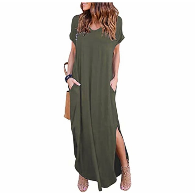 Robe Maxi d'Été pour Femmes, Décontractée, Poches, Longue, Manches Courtes, Fendue, Vert Armée m