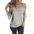 thumbnail image 1 of Womens Spaghetti Straps Cold Shoulder Shirts Casual Half Sleeve Tops, Gray, M, 1 of 5