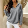 thumbnail image 5 of MexChoioe Womens Hooded Sweatshirt Waffle Knit Henley V Neck Button Placket Drawstring Hood Long Sleeve Pullover Hoodie, 5 of 6
