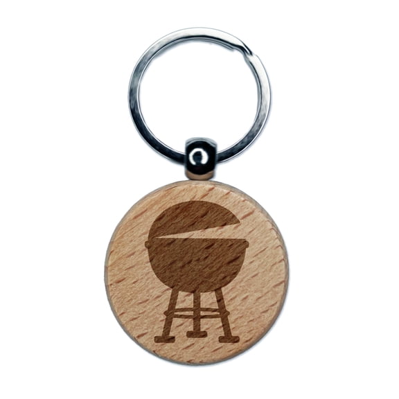 BBQ Barbecue Grill Round Keychain Charm Tag - Engraved Wood