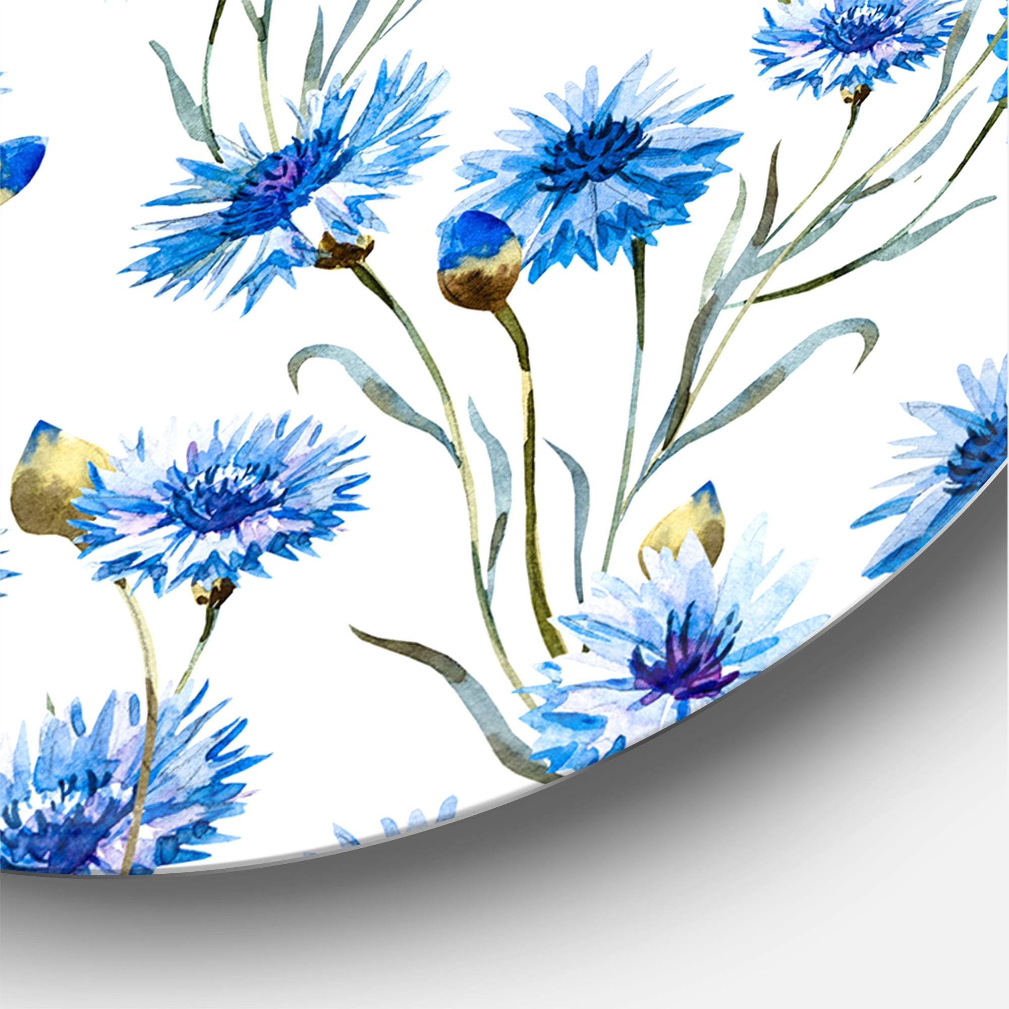 Designart 'Blue Cornflowers With Green Leaves On White II' Traditional Circle Metal Wall Art 11x11 - Disc of 11