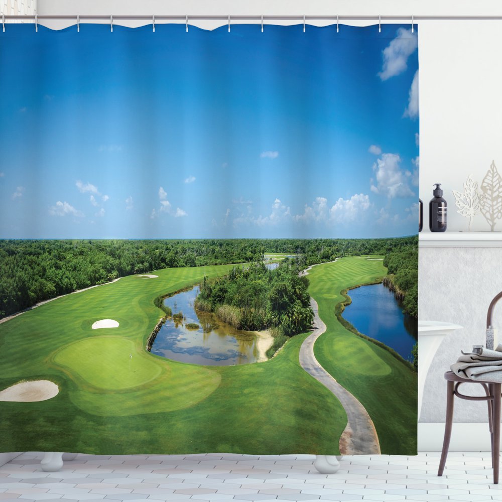 Golf Course Scene Shower Curtain, Panoramic Real Picturesque of a Field