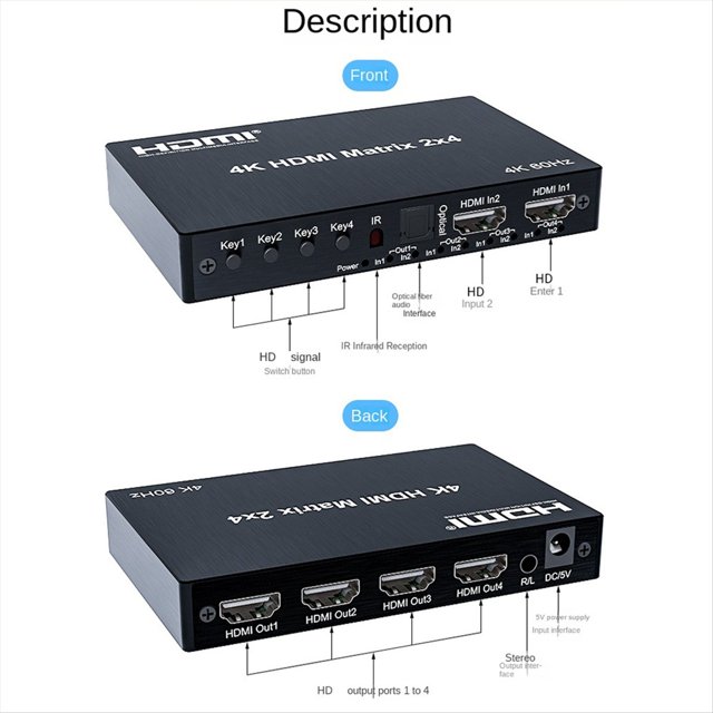 Conmutador de Matriz Compatible con 4K 60Hz, Divisor de Conmutador 2x4, Convertidor de Conmutador de Audio y Vídeo de 2 Entradas y 4 Salidas, Enchufe Estadounidense