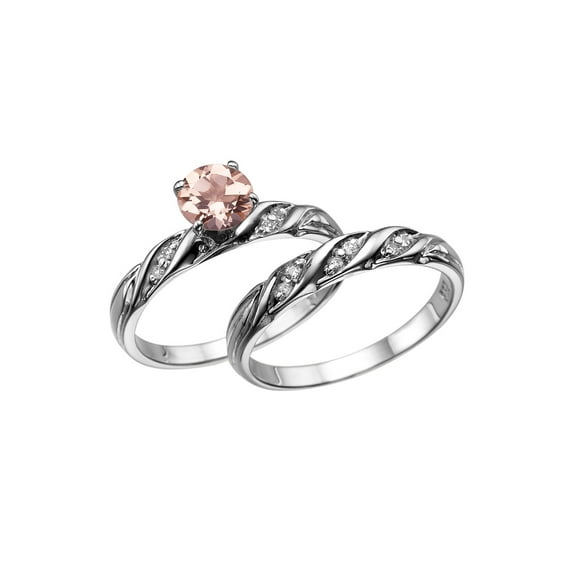 14K White Gold 1.10 CT natural peach/pink VS Morganite Ring with Diamonds Wedding Set Engagement Set