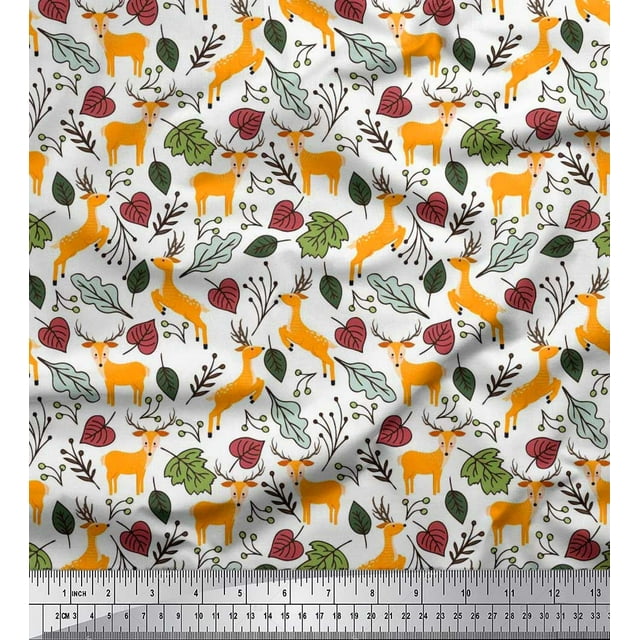 Soimoi Poly Georgette Fabric Leaves & Reindeer Animal Print Fabric by Yard 42 Inch Wide