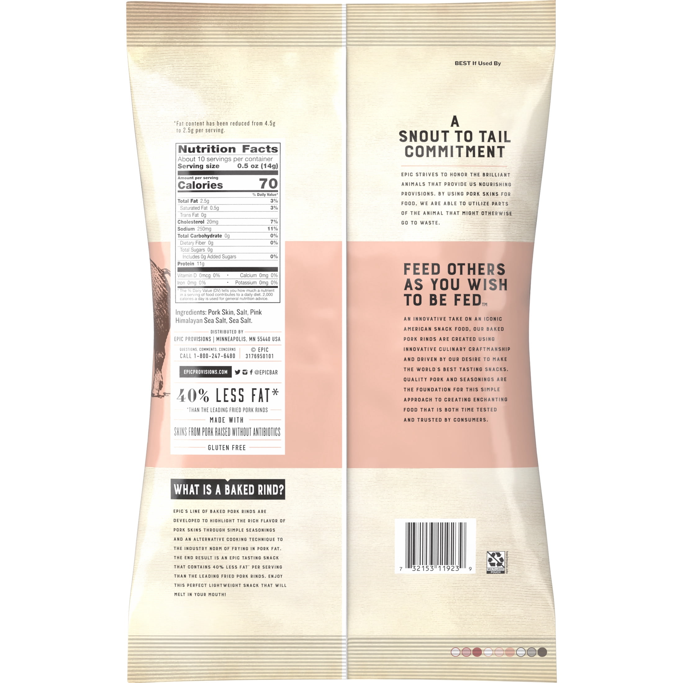 EPIC Pink Himalayan and Sea Salt Baked Pork Rinds, Keto Friendly, Protein Snacks, 5 oz