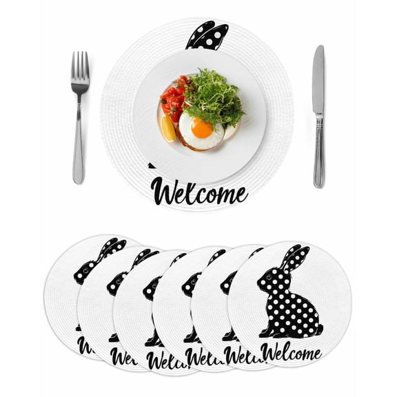 Round Woven Placemats set of 6, Retro Washable&Heat Resistant Plastic Wipeable Placemats for Round Table Welcome Home Sign Polka Dot Rabbit Kitchen Dining Table Decor, 13in, Black White