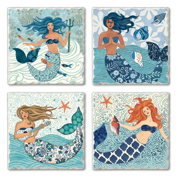Thirstystone "Mermaid Island" 4-Pack Tumbled Tile Coasters 4" Square