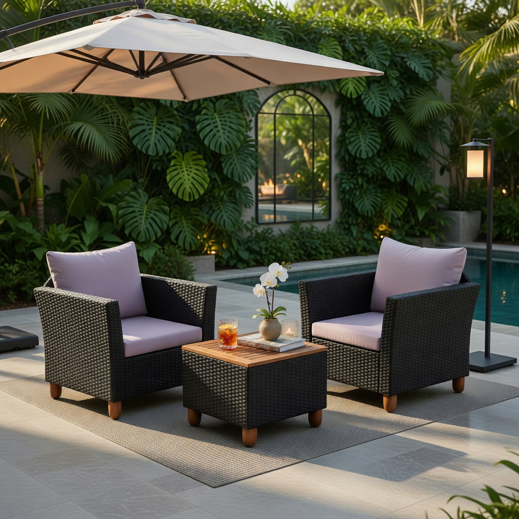 Hommoo 3-Piece Outdoor Wicker Patio Furniture Set with Gray Cushions & Solid Acacia Wood Coffee Table, Gray