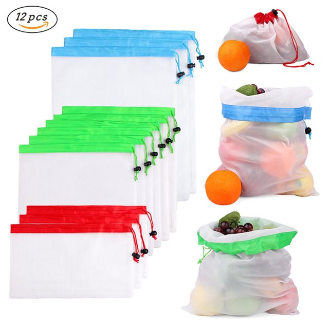 Oleegame 1 Pce 12 Pcs Sacs en Filet Réutilisables Lavables pour Courses Rangement Fruits Légumes Jouets Blanc