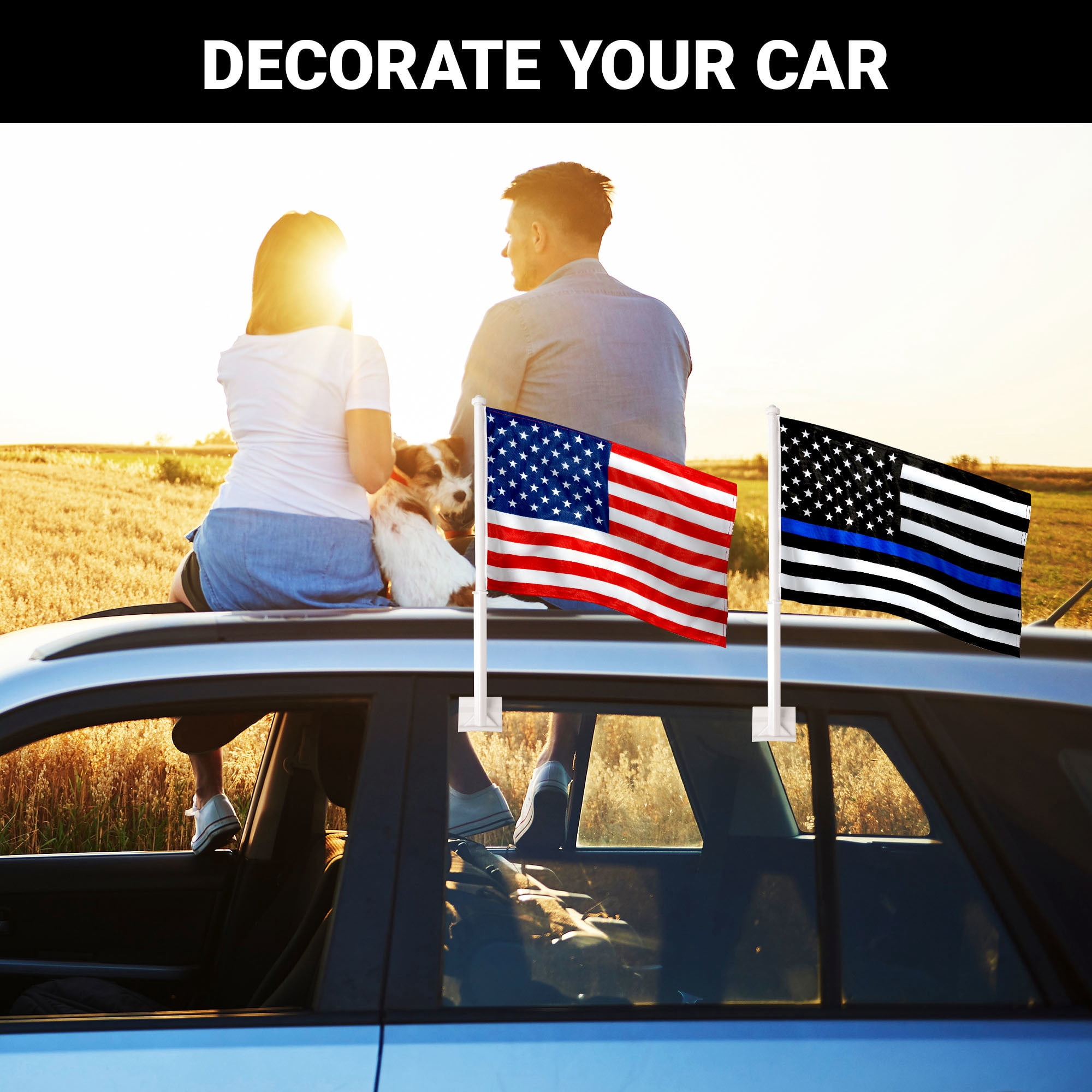 G128 Combo Pack: American USA Car Flag & Thin Blue Line Car Flag 11x17 In | Both Double Sided Printed 150D Polyester | Flagpole Included | Perfect for Festival Celebrations, Parades