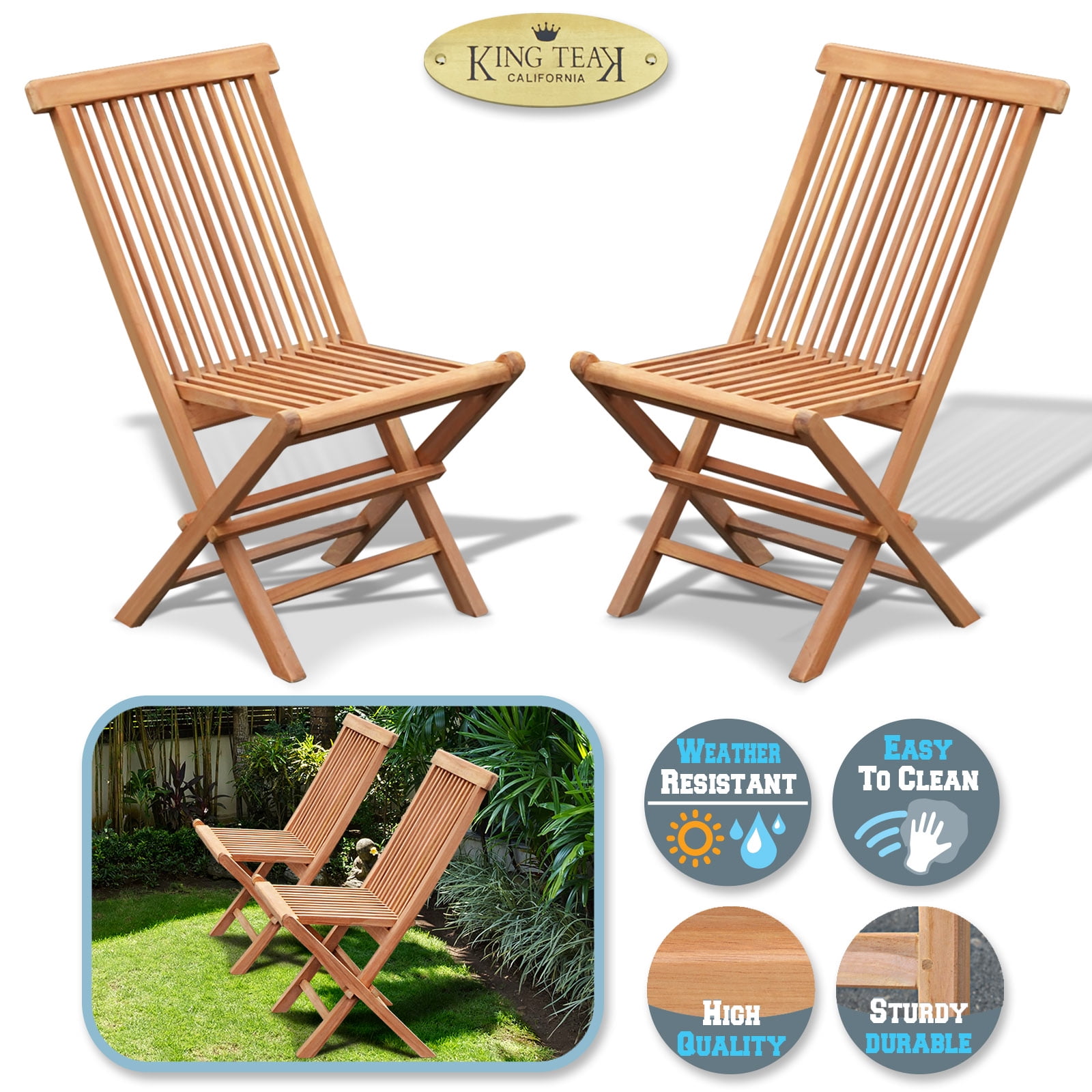 Sunrise Golden Teak Wood Folding Chair Set, 2 PC Folding Chair for Patio, Garden and Yard