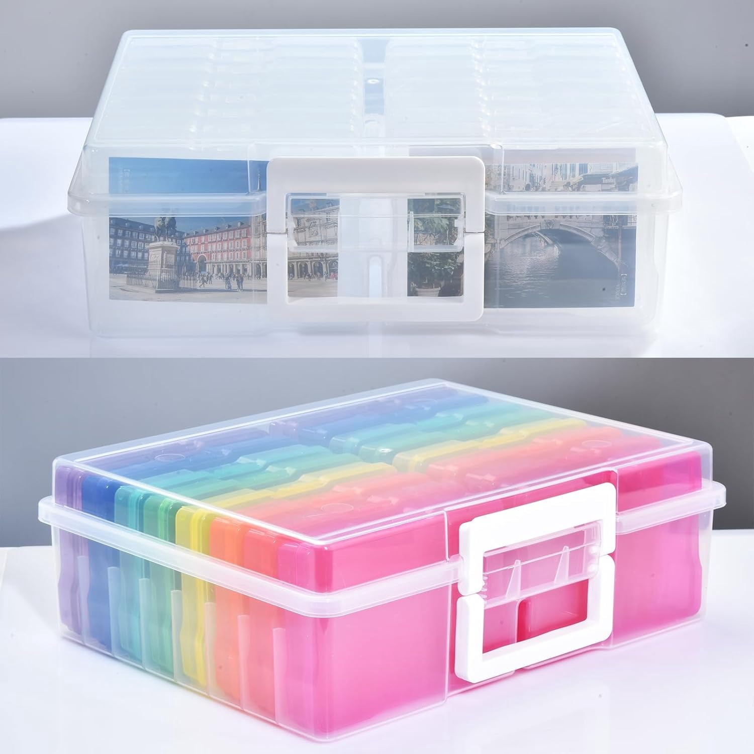 Photo Storage Box with Handle, 4" x 6" Photo Organizer Storage Container with 16 Inner Case and 1 Sheet Blank Labels for Pictures, Arts, Crafts, Sewing, Seeds, Office Supplies - Clear