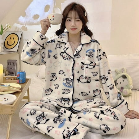 

Hello Kitty Pajamas Cartoon Sanrio Anime Cinnamoroll Coral Fleece Keep Warm Thicken Cos Play Clothing Loungewear Set Cute Gift