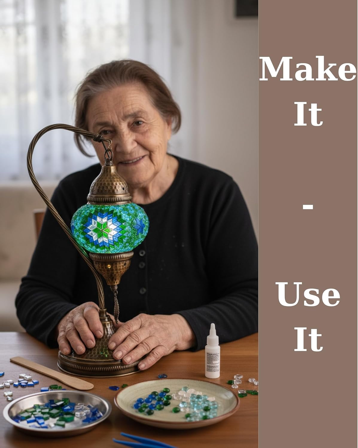 DEMMEX DIY Turkish Mosaic Lamp Making Kit – No Grout Needed – Fun, Easy, No Experience Required – Complete Mosaic Art & Craft Project Kit for Adults & Teens – Make Your Own Table Lamp (Turquoise)