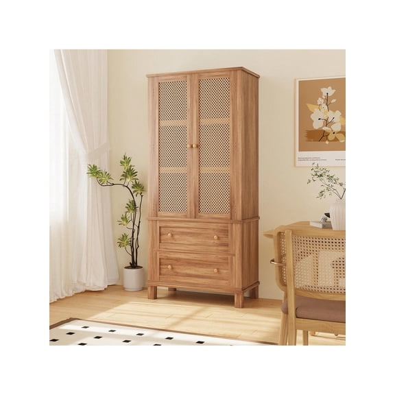 Kitchen Pantry Storage Cabinet,64.1Inch Tall Storage Cabinet With Rattan Doors And 2 Drawers, Pantry Cabinet With Adjustable Shelf, Utility Pantry For Kitchen, Dining Room