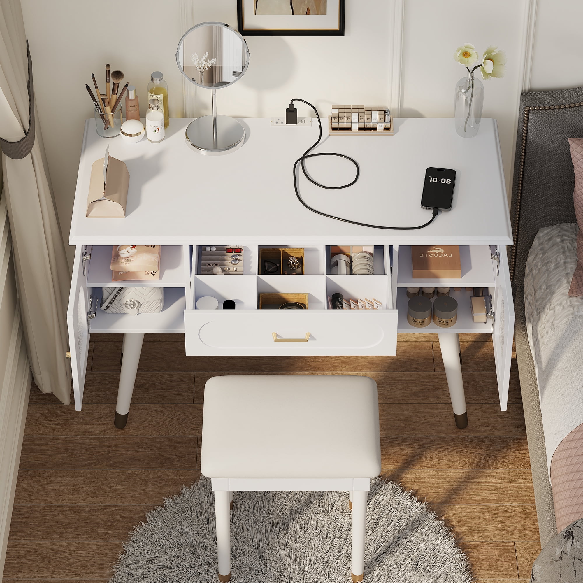 Makeup Vanity Table and Stool Set, Dressing Desk with Charging Station, Storage Cabinet, and Glass Door, Writing Desk with Outlets for Bedroom, White Finish