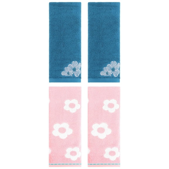 Unique Bargains Floral Cotton Hand Towel Set 4 Pcs Pink/Blue 14" x 30"/14" x 31"