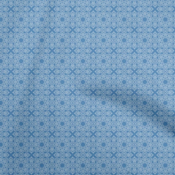 oneOone Cotton Silk Medium Blue Fabric Asian Floral Tiles Craft Projects Decor Fabric Printed By The Yard 42 Inch Wide