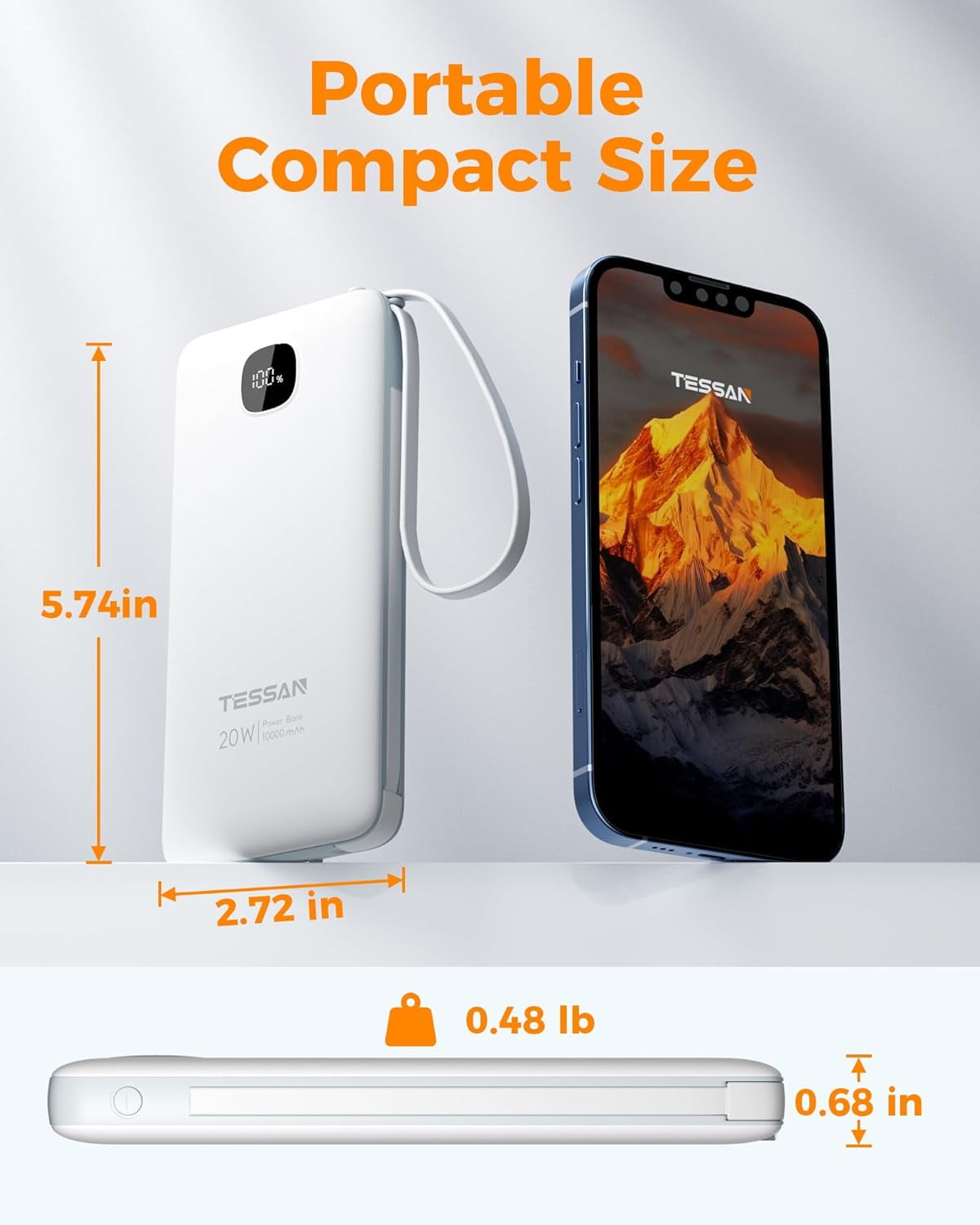 Portable Charger with Built in Cables, 10000mAh Power Bank Fast Charging with Foldable Wall Plug Charger, PD20W Compact Battery Pack Travel Essentials for iPhone 17/16/15 Series,Samsung,Tablets