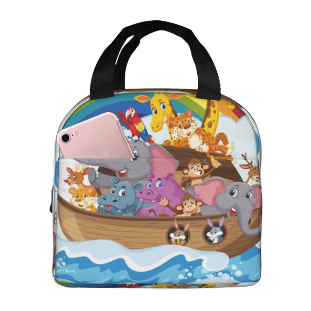 Fotbe Rainbow Animals on Noah's Ark Bolsa Térmica con Estampado y Forro de Aluminio Grueso Bolsa de Almuerzo con Bolsillo Frontal para Hombres y Mujeres, Ideal para Trabajo, Escuela