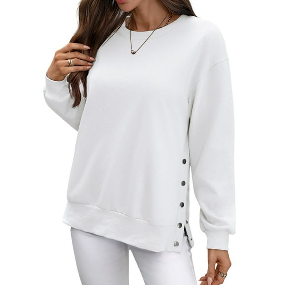 Female Oversized Sweatshirts Long Sleeve Hoodies Shirts Fall Side Slit Pullover Top Teen Outfits White XXL