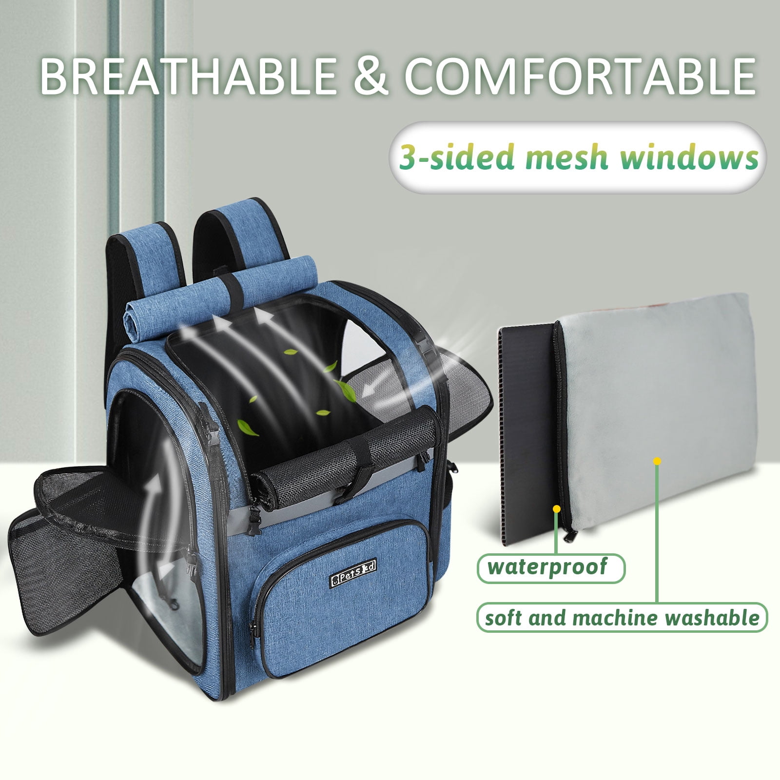 PETSKD Pet Carrier Backpack for Dogs Cats, 13x11x16.5 inches Outdoor Travel Backpack with with Safety Lock Zipperl, Large Space Foldable Backpack for Pets Under 20 lbs, Blue