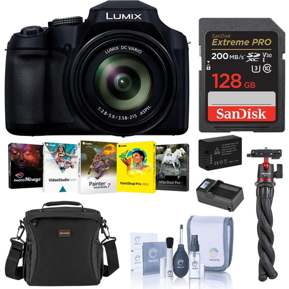 Panasonic LUMIX FZ80D 18.1MP Point & Shoot Digital Camera, Bundle with 128GB Memory Card, Battery, Tripod, Microphone and W49 Light