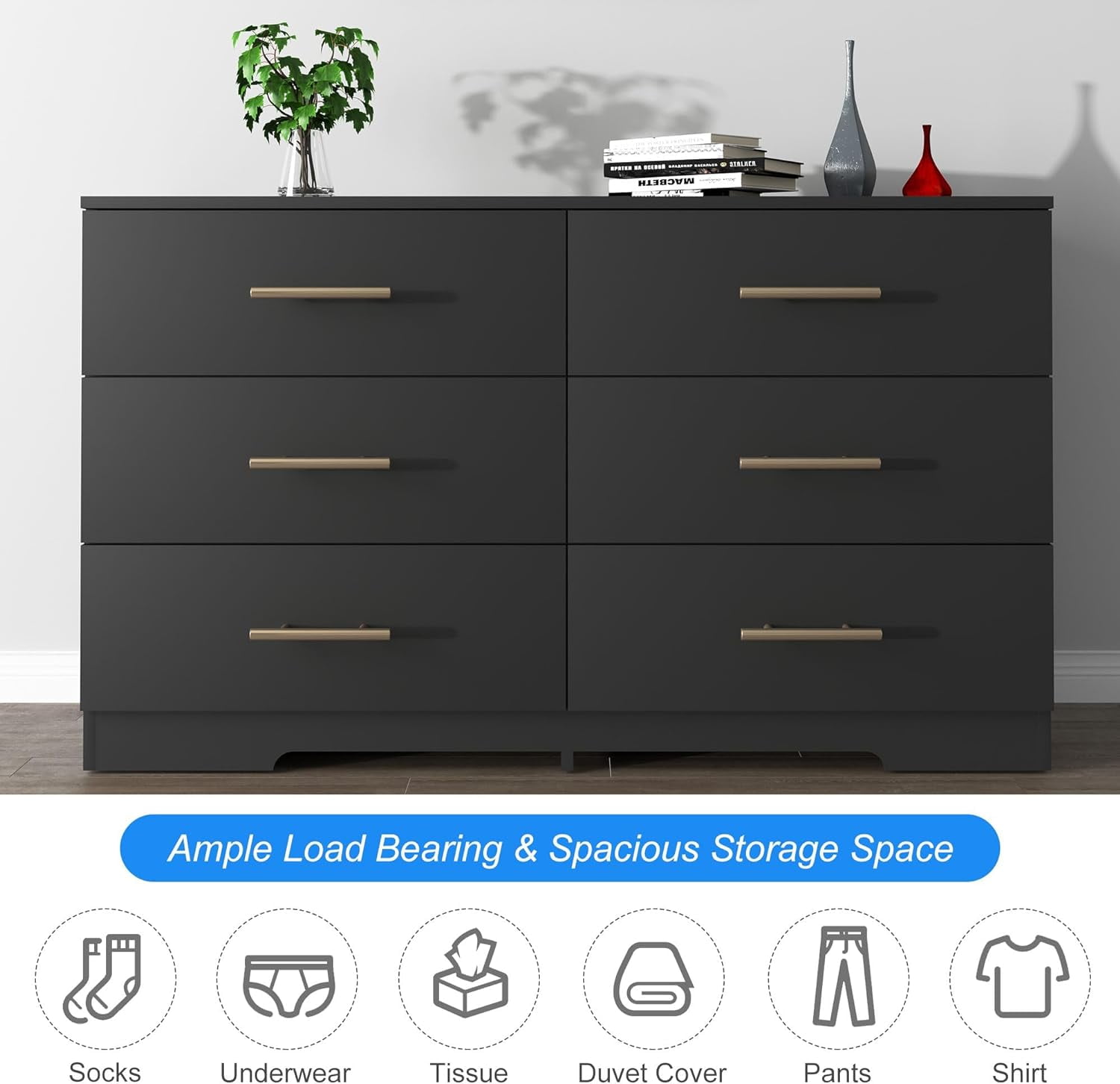 Miniyam 6-Drawer Dresser with Deep Drawers & Golden Handles for Adult Bedroom, Black