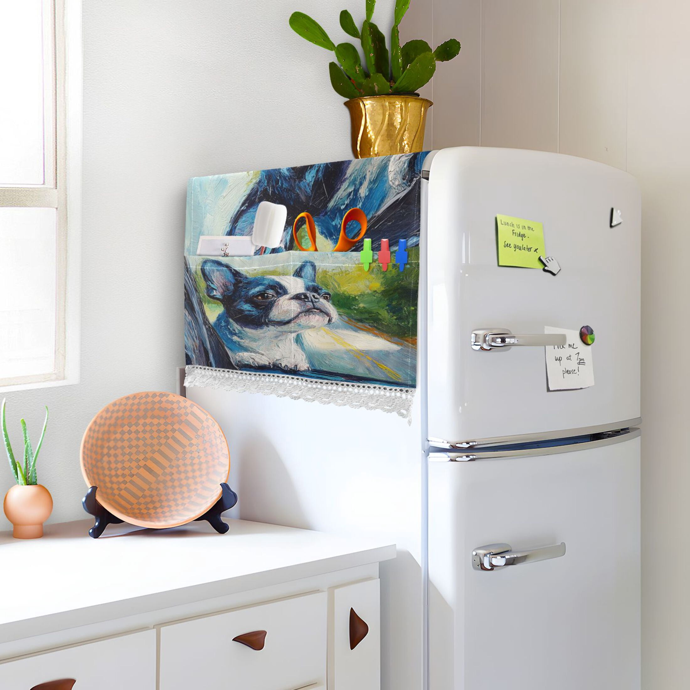Lovely Boston TerrierWasher and Dryer Covers Dust-Proof and Oil Resistant Fridge Cover with 4 Storage Pockets Washing Machine Top Cover for Laundry Kitchen Home 51.2 x 22 In