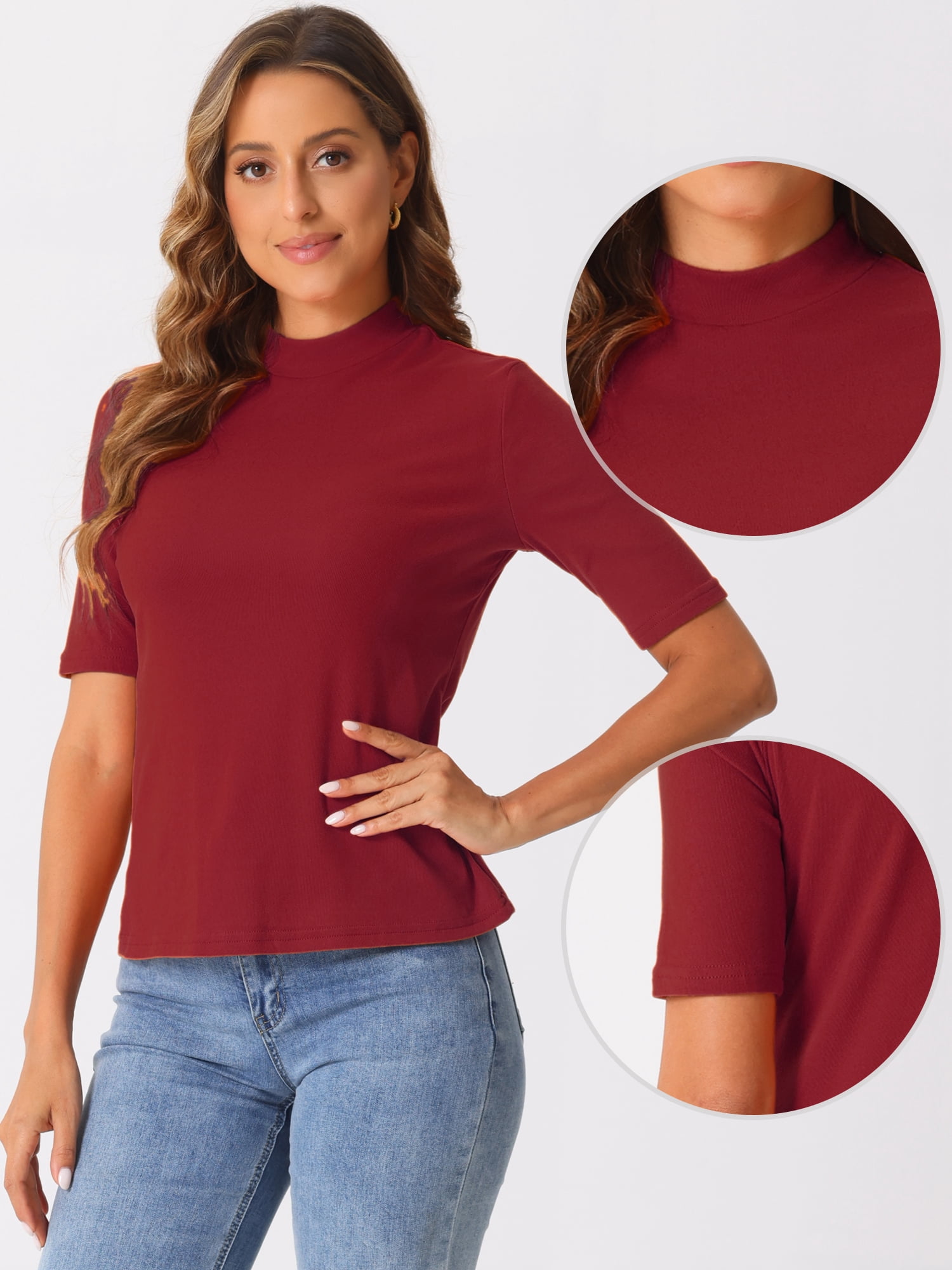 DARING DIVA Women's Half Sleeve Mock Turtleneck Casual Top XL Dark Red