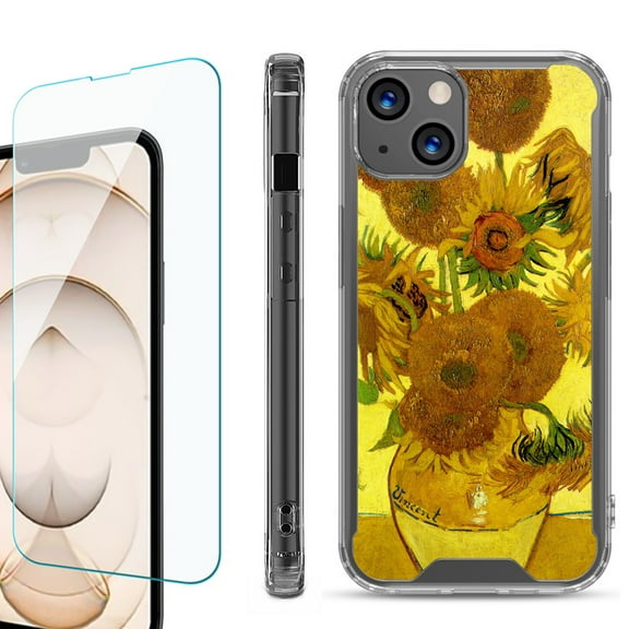 Shockproof Bumper Phone Case for iPhone 13, with Tempered Glass Screen Protector, by OneToughShield ® - Sunflower