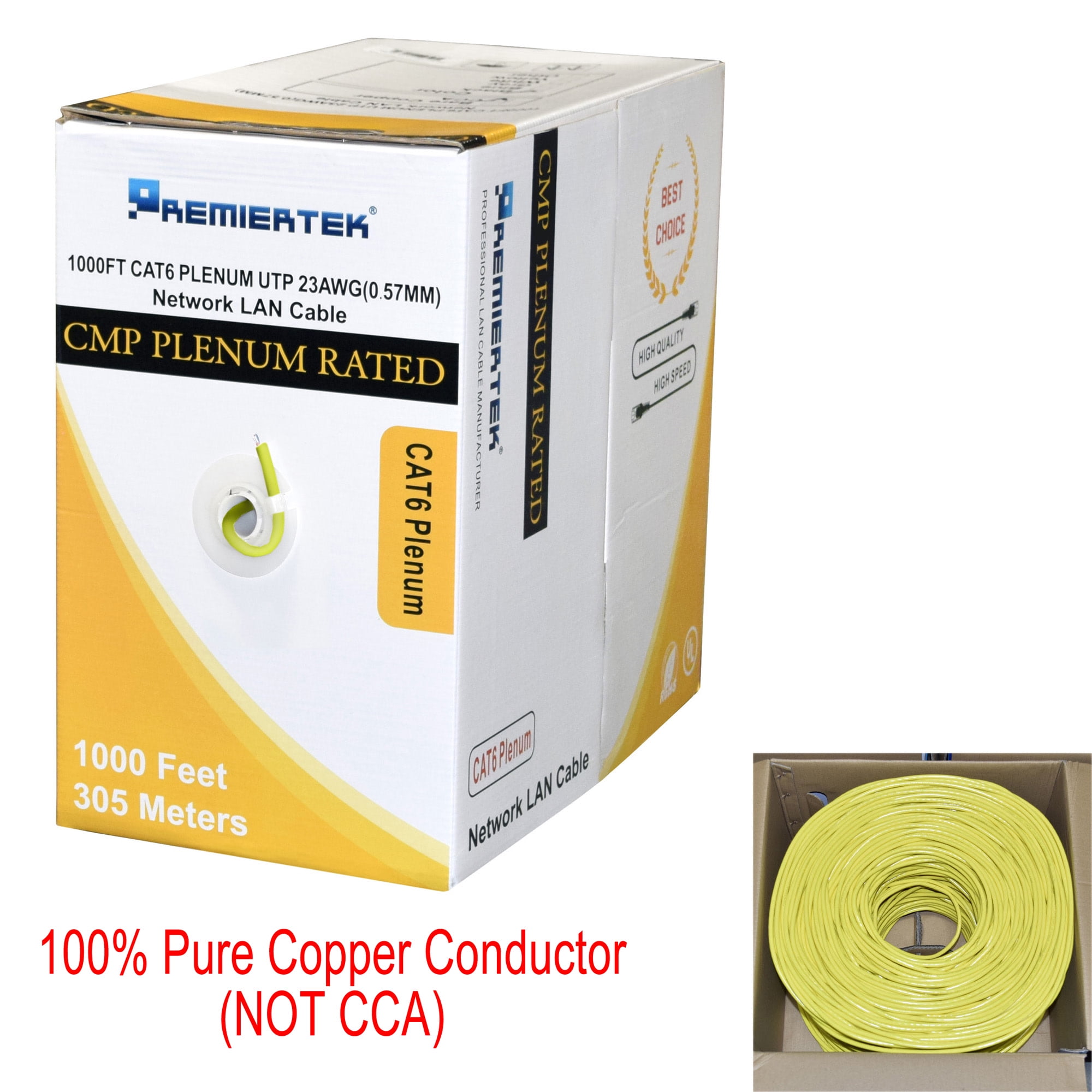 Premiertek 1000ft Cat6 Cmp Plenum 23awg Solid Pure Copper Utp 4 Pairs Premium Network Lan Cable Yellow Walmart Com