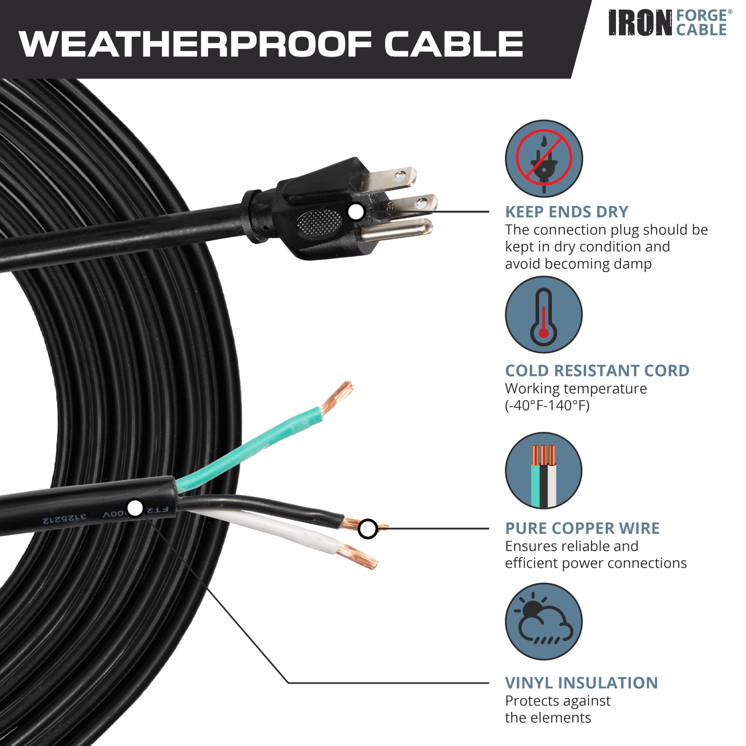 Iron Forge Cable 16 AWG Power Cord Replacement 10 ft with IP65 Waterproof Inline On Off Switch - Black Power Cord 3 Prong, SJTW, NEMA 5-15P, 10 AMP