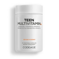 Codeage Teen Multivitamin - Vitamins A, C, D3, B6, B12, Folate, Zinc, Magnesium, Iron, Probiotics, Fermented Spinach - Multivitamins for Teenage Boys and Girls - Non-GMO, Gluten-Free - 30 Capsules