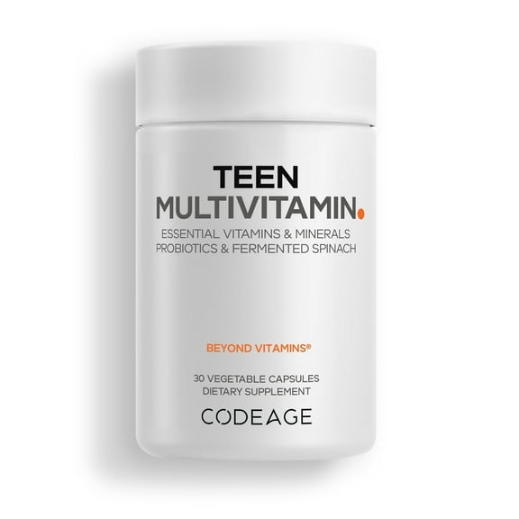 Codeage Teen Multivitamin - Vitamins A, C, D3, B6, B12, Folate, Zinc, Magnesium, Iron, Probiotics, Fermented Spinach - Multivitamins for Teenage Boys and Girls - Non-GMO, Gluten-Free - 30 Capsules