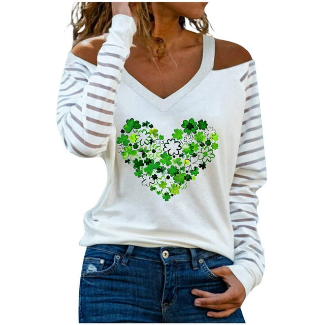 T-shirts de la Saint-Patrick pour Femmes à Épaules Dénudées, Col en V, Imprimé Trèfle, Manches Longues, Hauts Décontractés, Blouses de Vacances, Tee