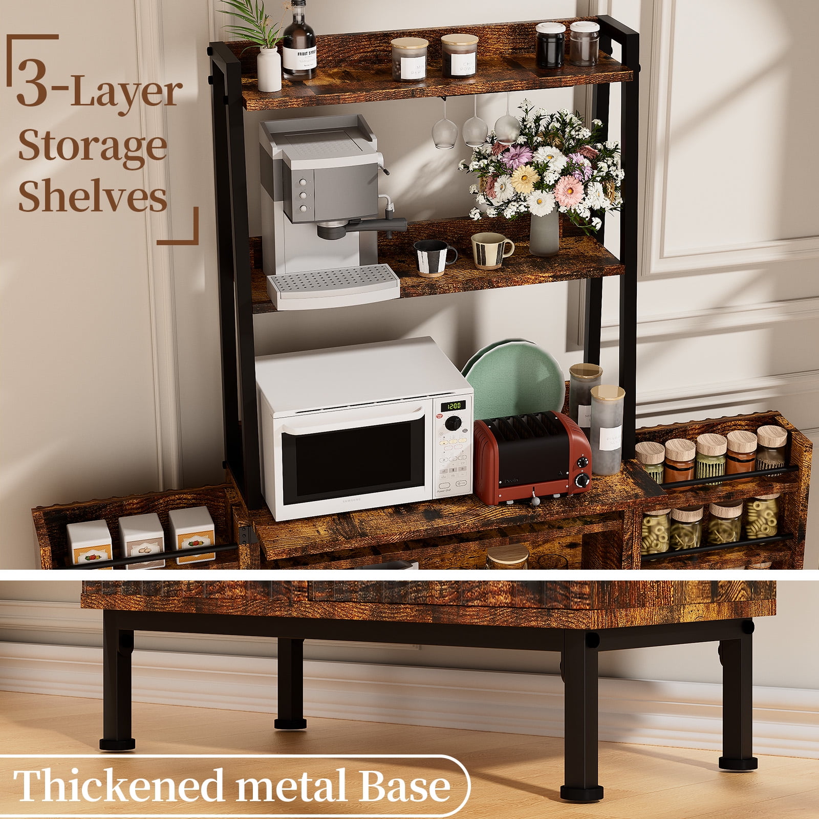 Casendy Kitchen Pantry with Microwave Stand and Storage Shelves, Farmhouse Kitchen Cupboard with Adjustable Shelves, Kitchen Buffet Cabinet with Door for Dining Room, Brown