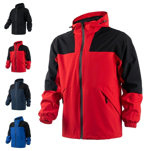 Men's Windbreaker Jacket Man Solid Color Sports Windbreaker Drawstring Pockets Hooded Outdoor Jacket Coat Red L Windbreakers for Men