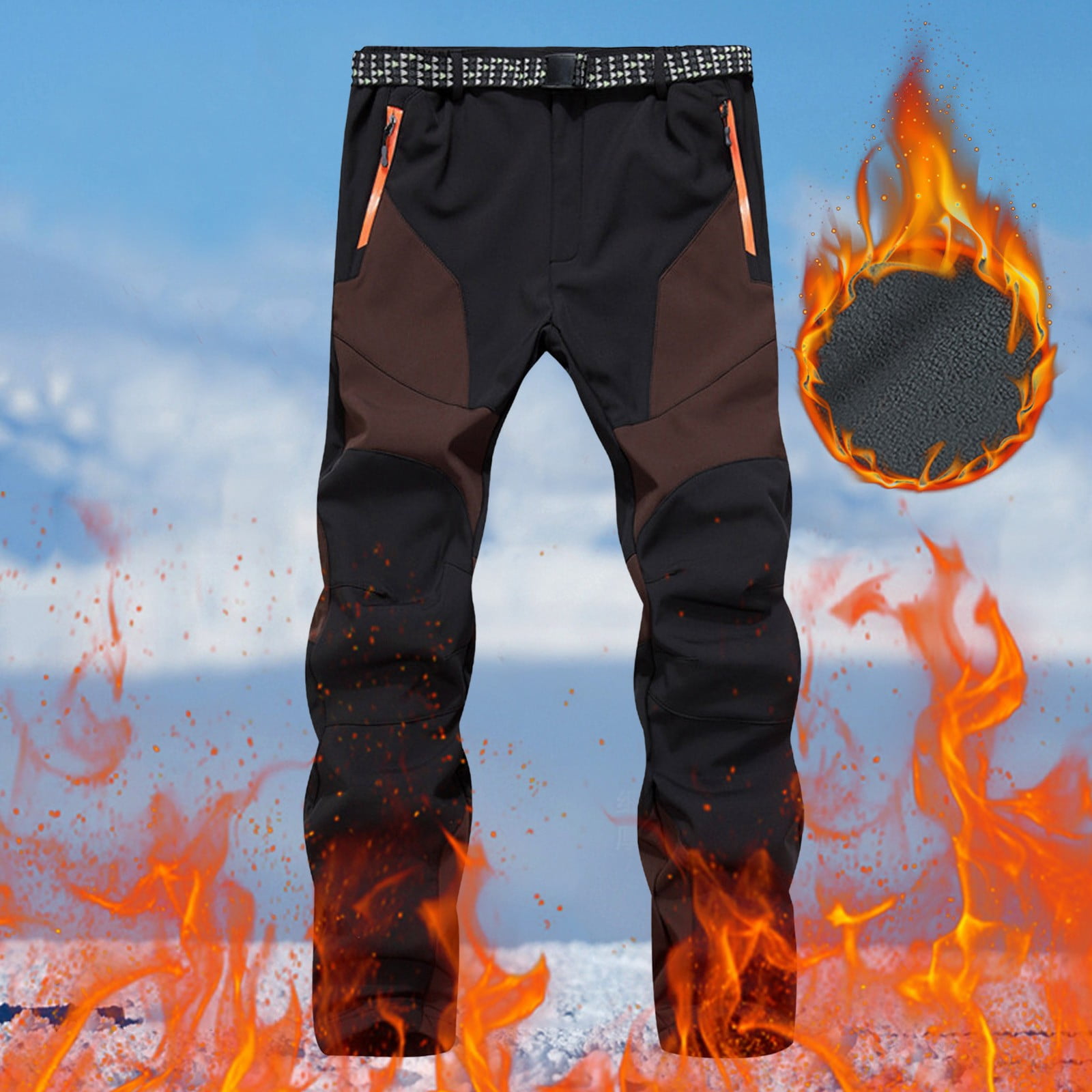 Men's Color Block Hiking Trousers Windproof Work Trousers Fleece Warm Lined Trekking Trousers with Pockets Men's Outdoor Fitness Softshell Trousers,