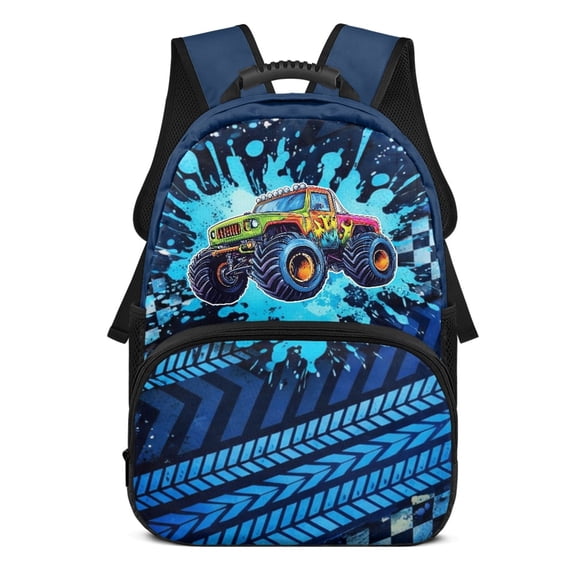 POLERO Colorful Monster Truck Pattern 17 Inch Bookbag for Teen Boys, Polyester Large Capacity Waterproof Schoolbags for Camping