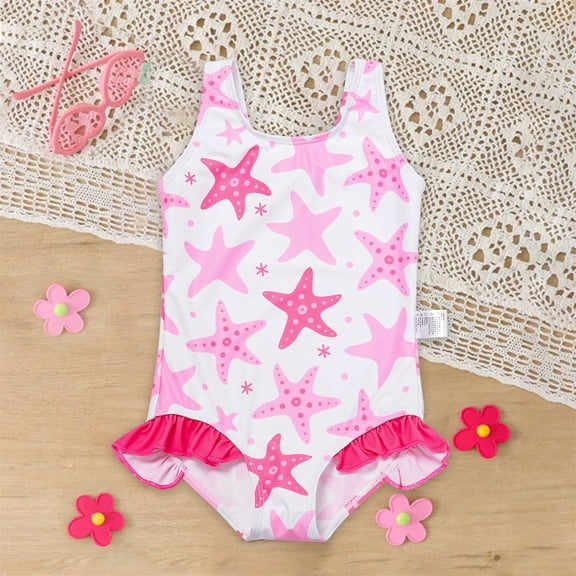 Toddler Girl Swimsuit Girl's Starfish Print One Piece Swimsuits with Cute Design Baby Girl Bathing Suit Pink 18-24 Months