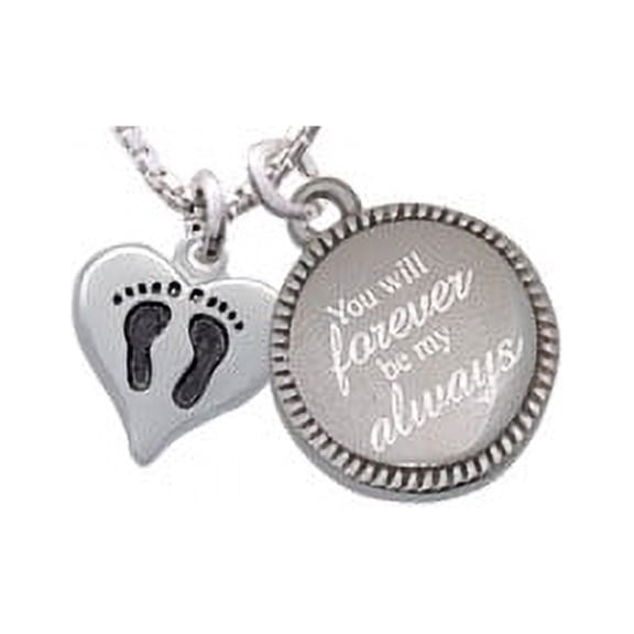 Silvertone Small Heart with Baby Feet You Will Forever Be My Always Engraved Necklace