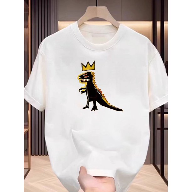 1pc Dinosaur Prince Print Cotton T-Shirt for Men, Casual Crew Neck Short Sleeve Tee with Slight Stretch, Summer Knit Fabric Top for Teens